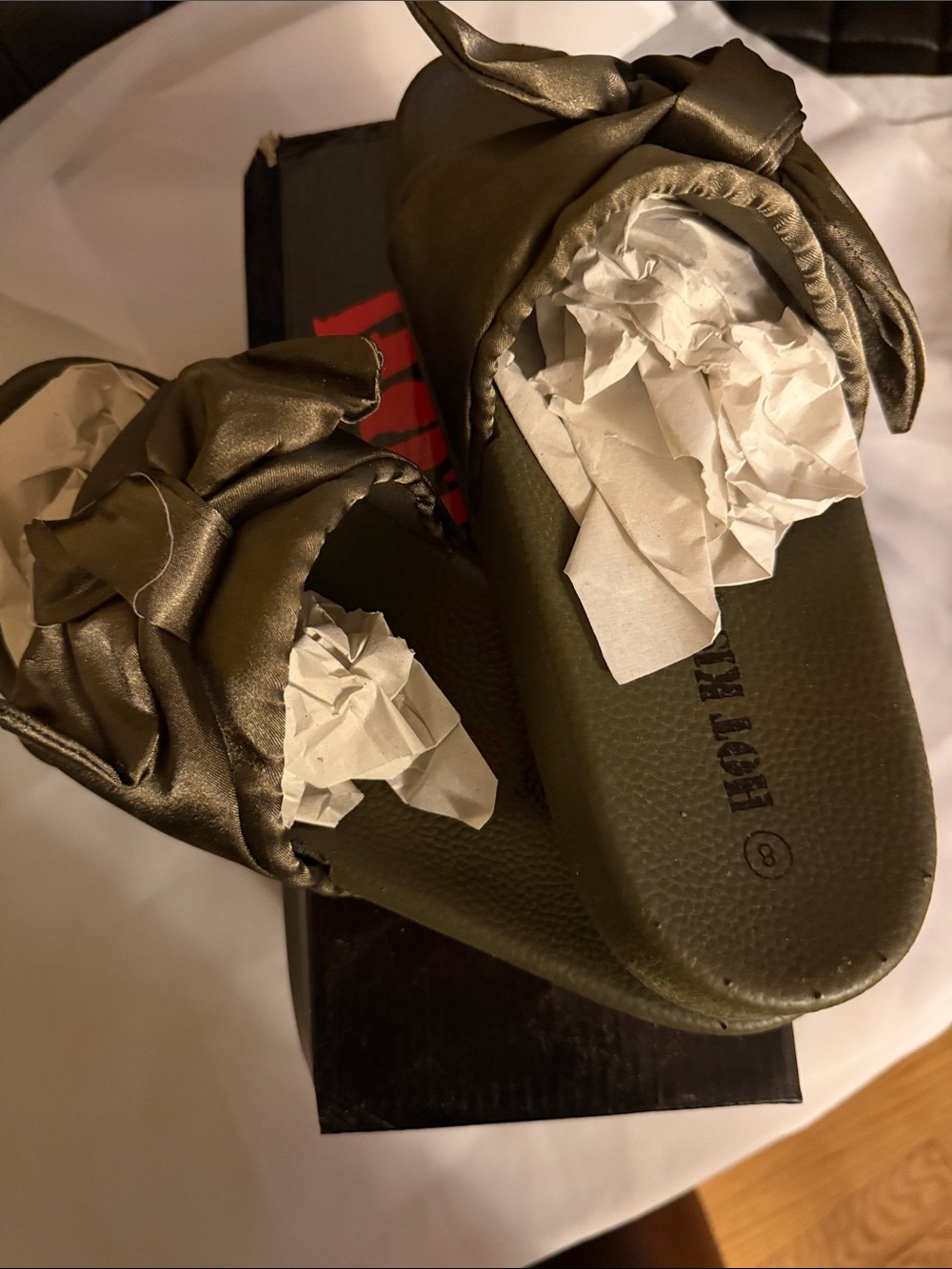 Hot Kiss Olive Green Slide Sandals with Bow Accent